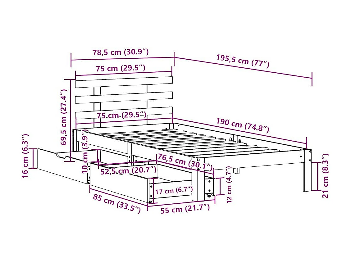 Letto per adulti | Letto singolo | Giroletto con Cassetti 75x190 cm in Legno Massello di Pino