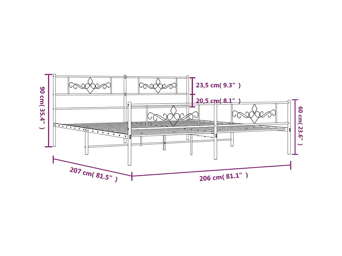 Lit double | Lit adulte | Cadre de lit métal et pied de lit blanc 200x200 cm