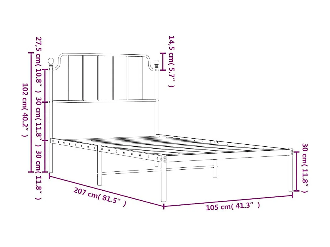 Lit simple | Lit adulte, enfant | Cadre de lit métal avec tête de lit noir 100x200cm