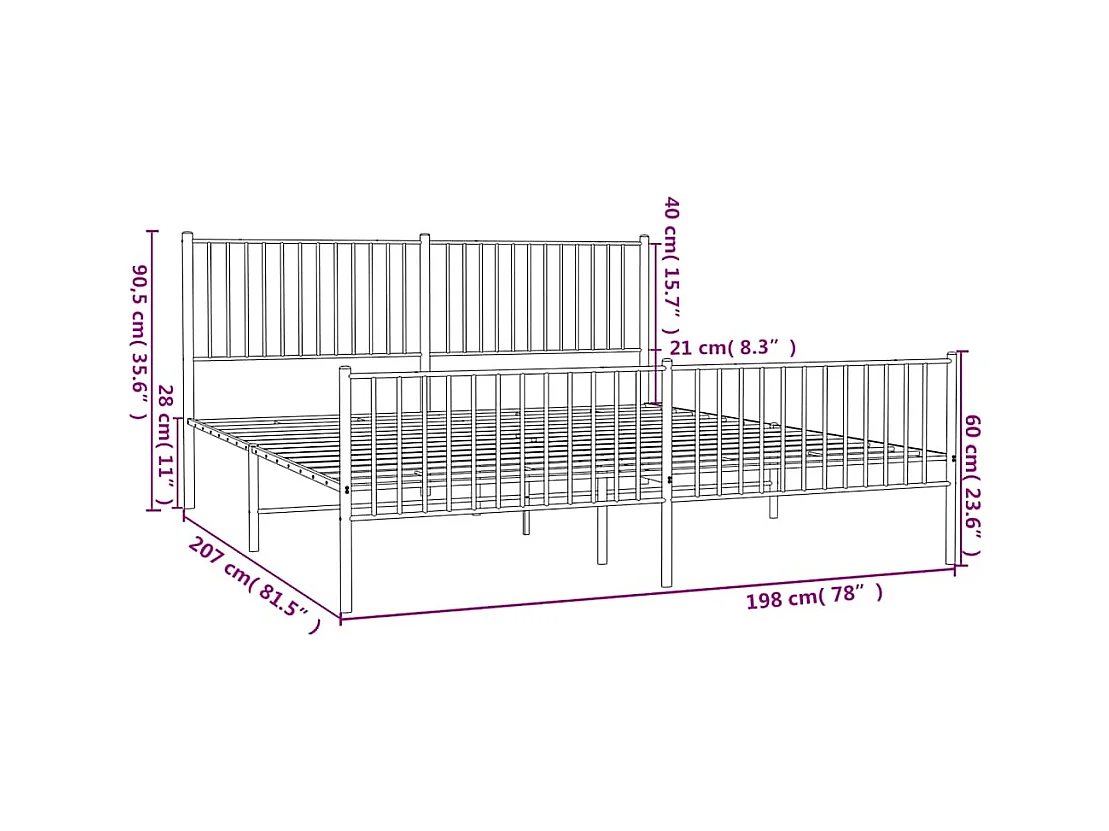 Lit double | Lit adulte | Cadre de lit métal avec pied de lit noir 193x203cm