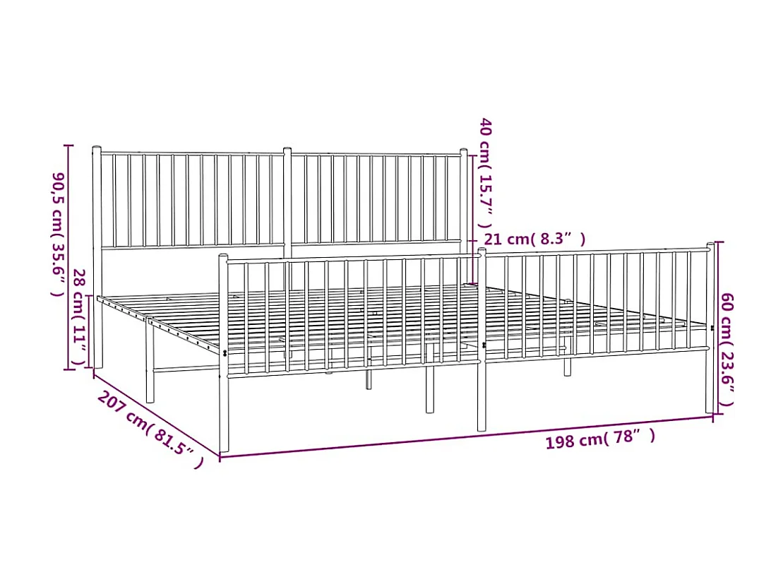 Lit double | Lit adulte | Cadre de lit métal avec pied de lit noir 193x203cm