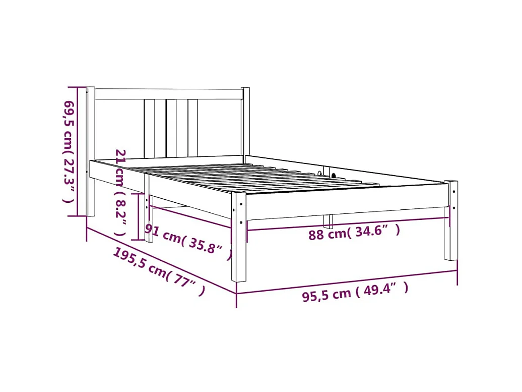 Letto per adulti | Letto singolo | Giroletto in Legno Massello 90x190 cm Single
