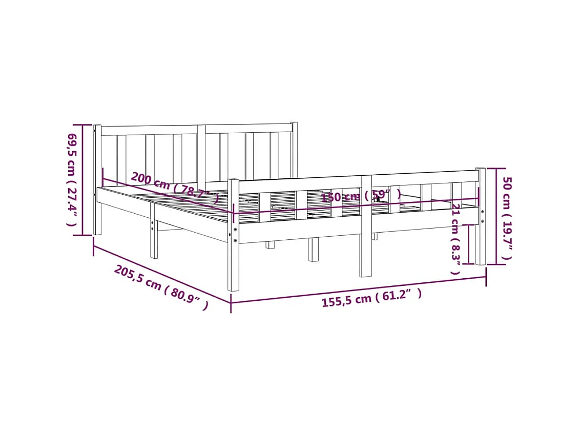 Lit double | Lit adulte | Cadre de lit marron miel bois massif 150x200 cm