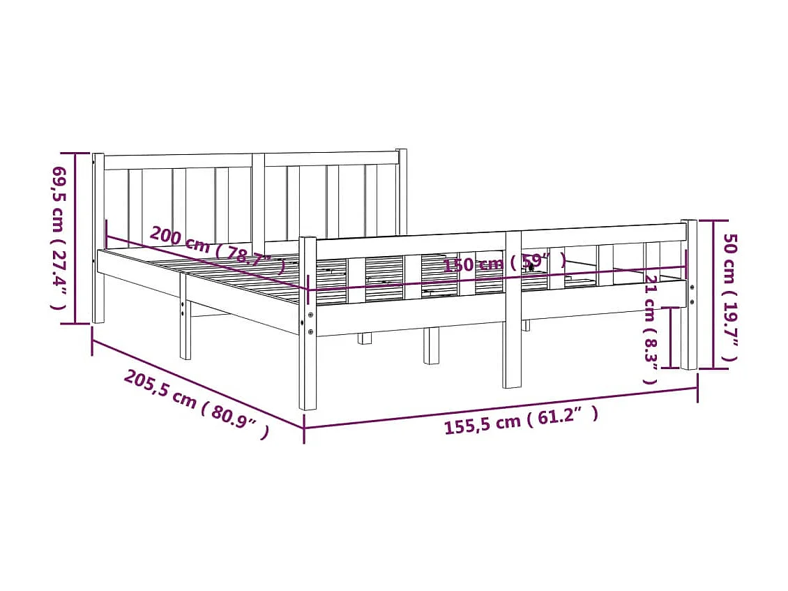 Lit double | Lit adulte | Cadre de lit marron miel bois massif 150x200 cm
