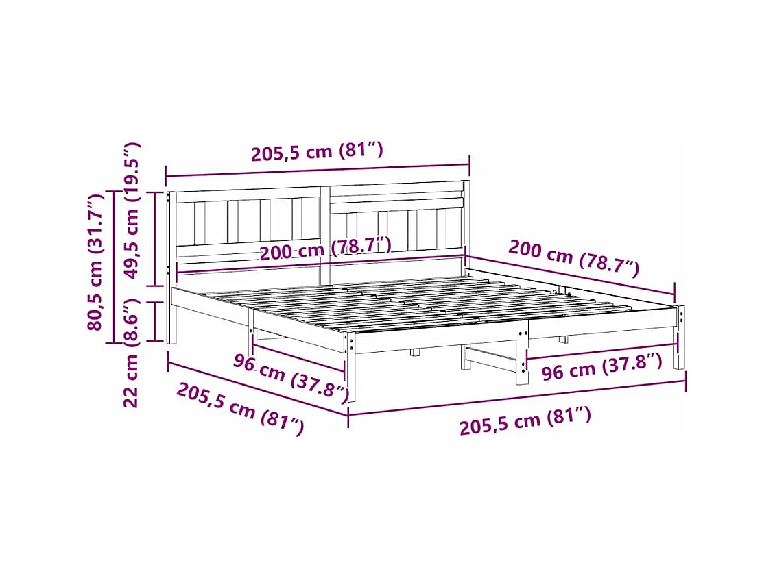 Lit double | Lit adulte | Cadre de lit Blanc 200x200 cm Bois massif en pin