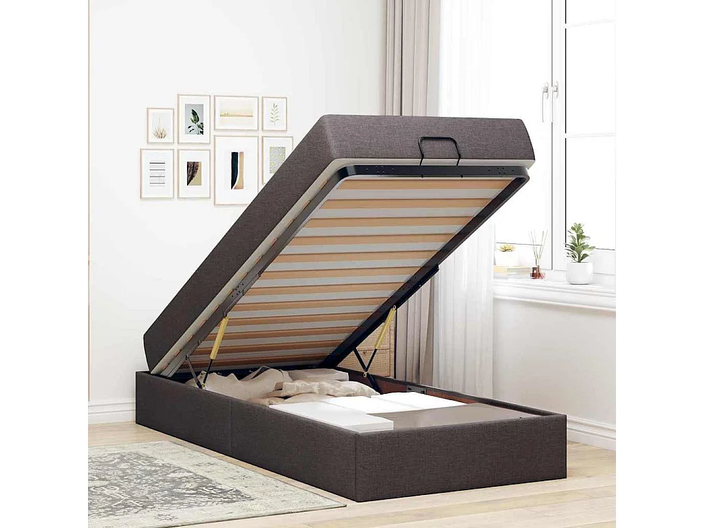 Lit simple | Lit adulte, enfant | Cadre de lit avec matelas Marron foncé 90x200 cm tissu