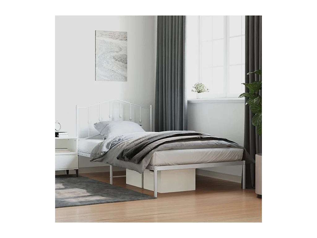 Lit simple | Lit adulte, enfant | Cadre de lit métal et tête de lit blanc 107x203 cm