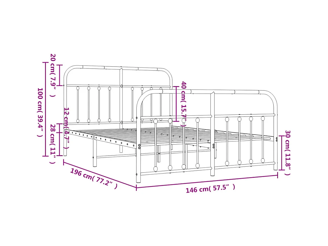 Lit double | Lit adulte | Cadre de lit métal et pied de lit blanc 140x190 cm