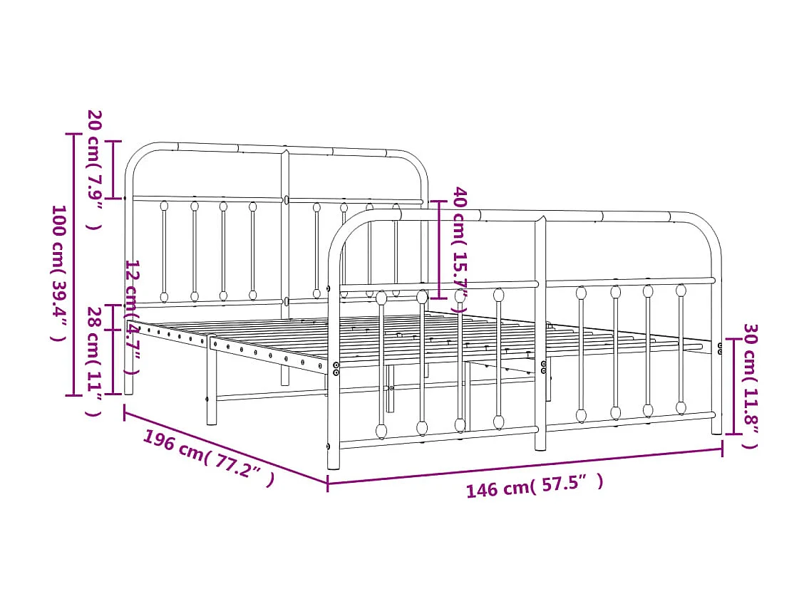 Lit double | Lit adulte | Cadre de lit métal et pied de lit blanc 140x190 cm
