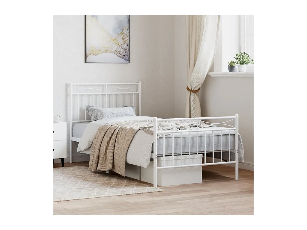 Lit simple | Lit adulte, enfant | Cadre de lit métal avec pied de lit blanc 90x190cm