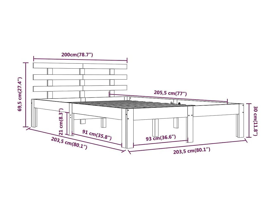 Lit double | Lit adulte | Cadre de lit noir bois massif 200x200 cm