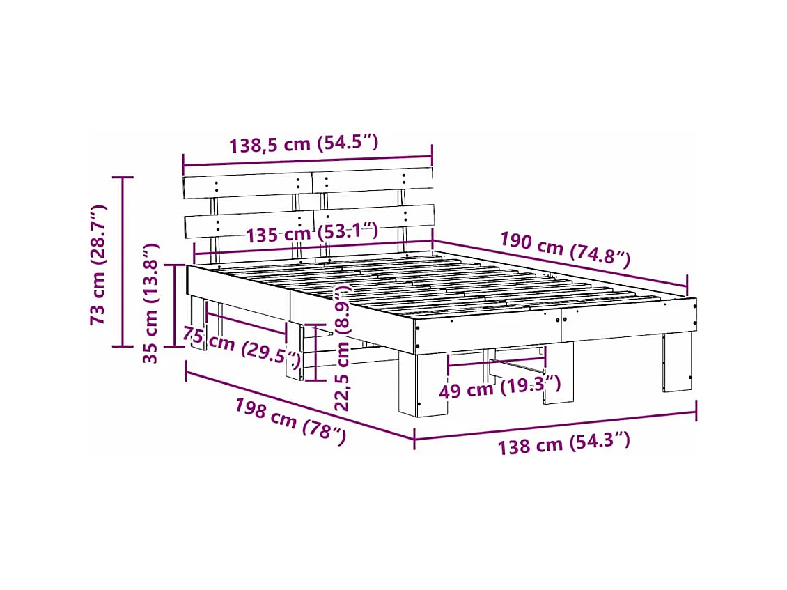 Lit double | Lit adulte | Cadre de lit Blanc 135x190 cm Bois de pin massif