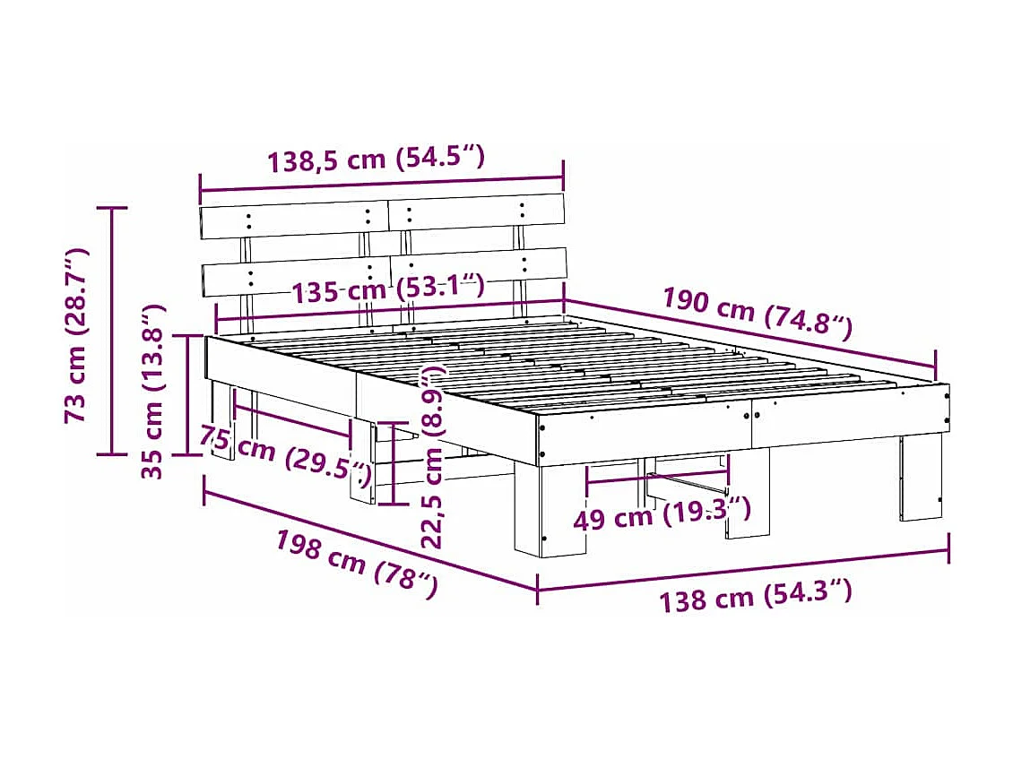 Lit double | Lit adulte | Cadre de lit Blanc 135x190 cm Bois de pin massif