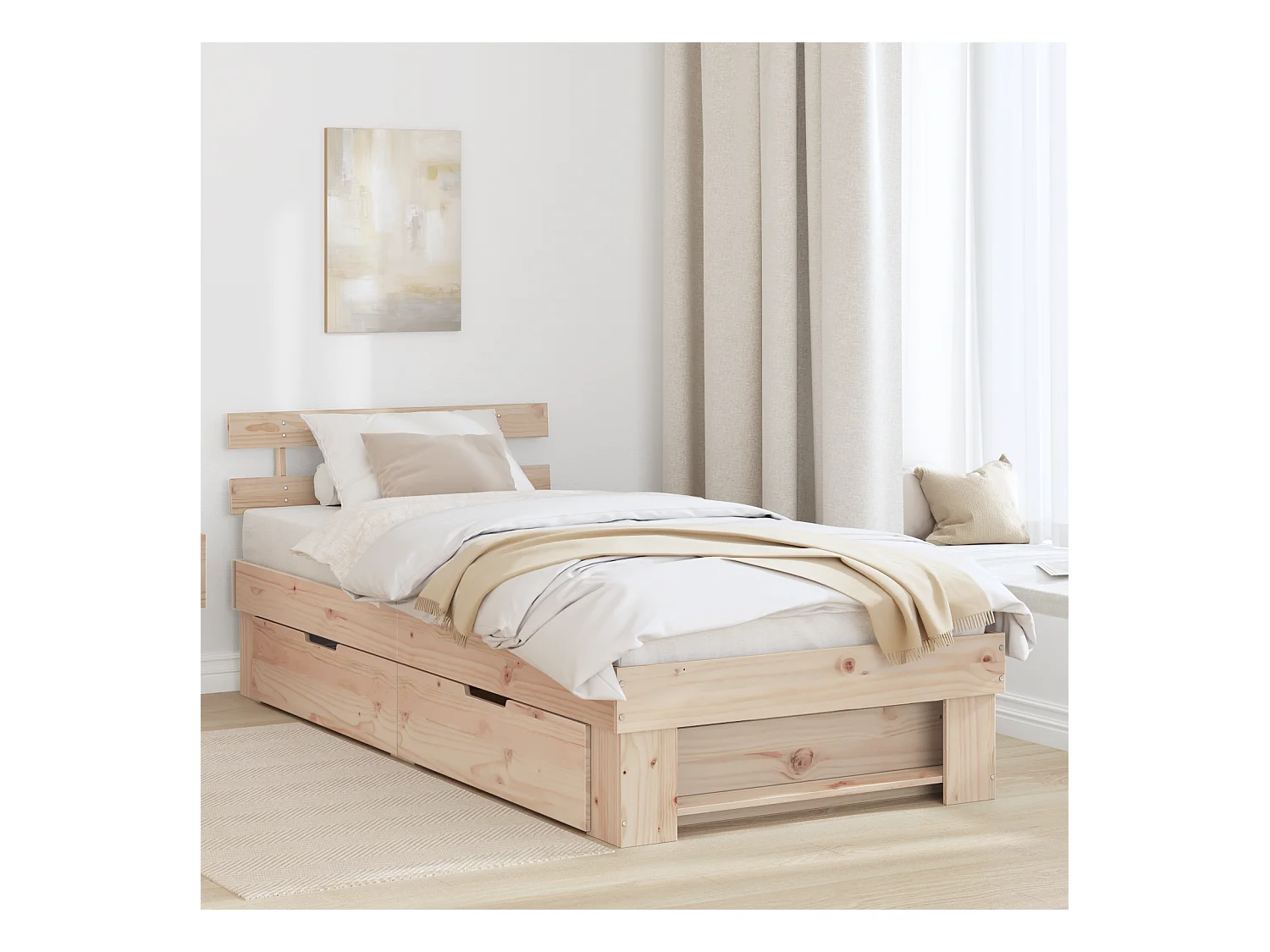 Lit simple | Lit adulte, enfant | Cadre de lit avec tiroir Marron 90x200 cm Bois massif en pin