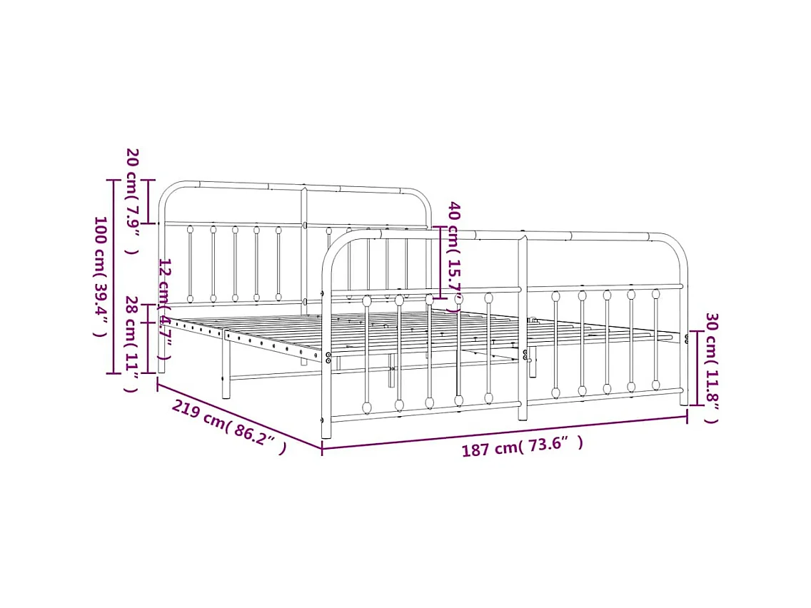 Lit double | Lit adulte | Cadre de lit métal avec pied de lit noir 183x213cm