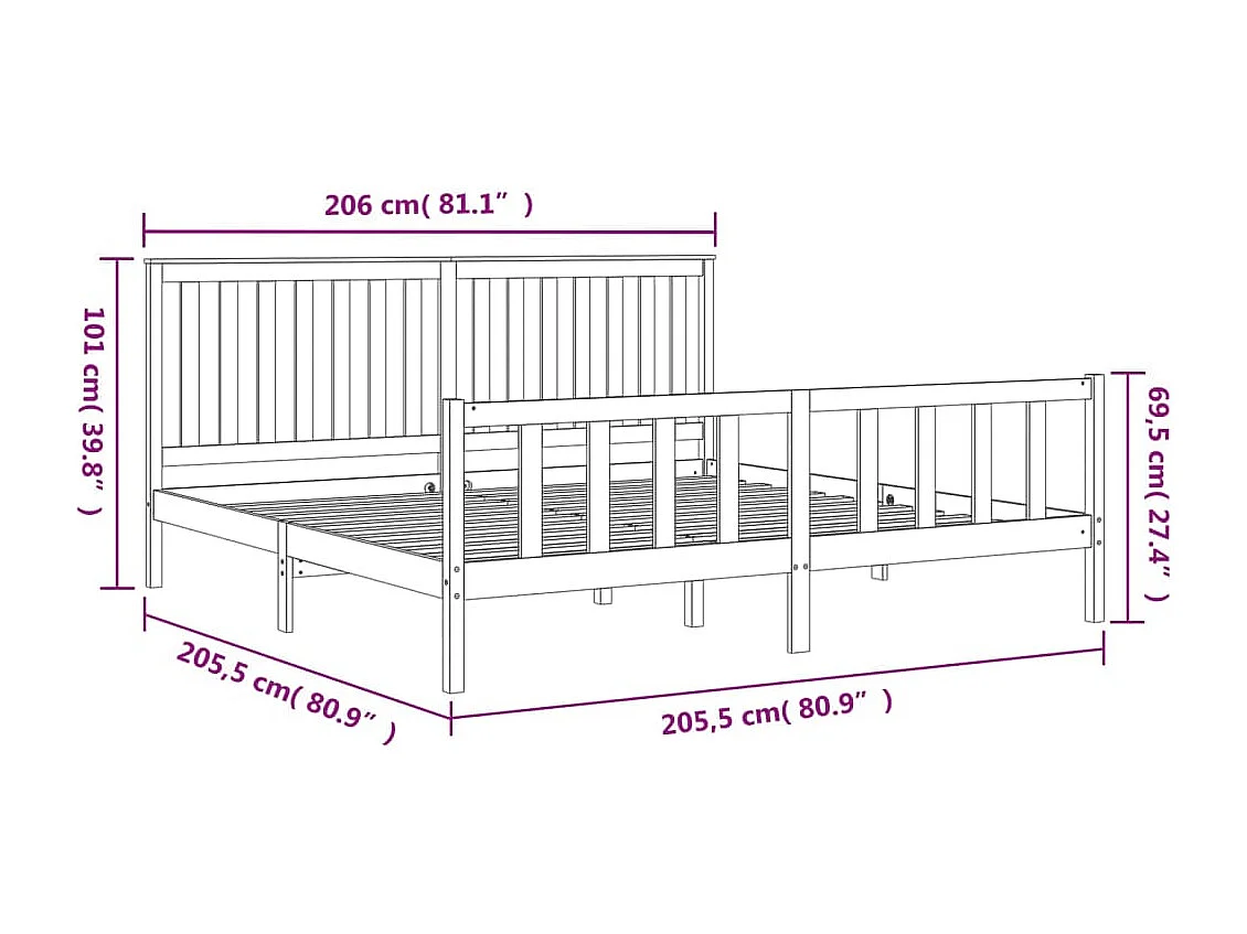 Lit double | Lit adulte | Cadre de lit noir 200x200 cm bois massif de pin
