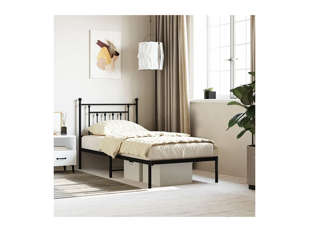 Lit simple | Lit adulte, enfant | Cadre de lit métal avec tête de lit noir 90x190 cm