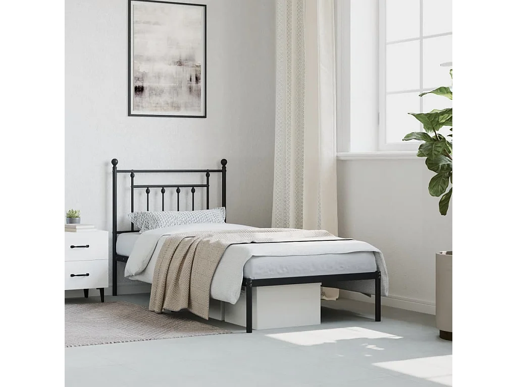 Lit simple | Lit adulte, enfant | Cadre de lit métal avec tête de lit noir 90x190 cm