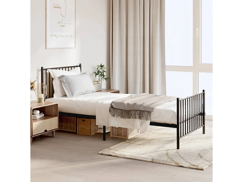 Lit simple | Lit adulte, enfant | Cadre de lit métal avec pied de lit noir 90x200 cm