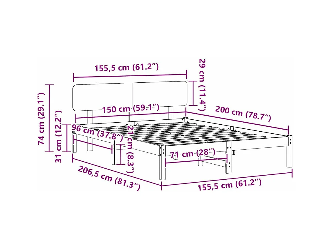 Lit double | Lit adulte | Cadre de lit Brun cire 150x200 cm Bois massif en pin