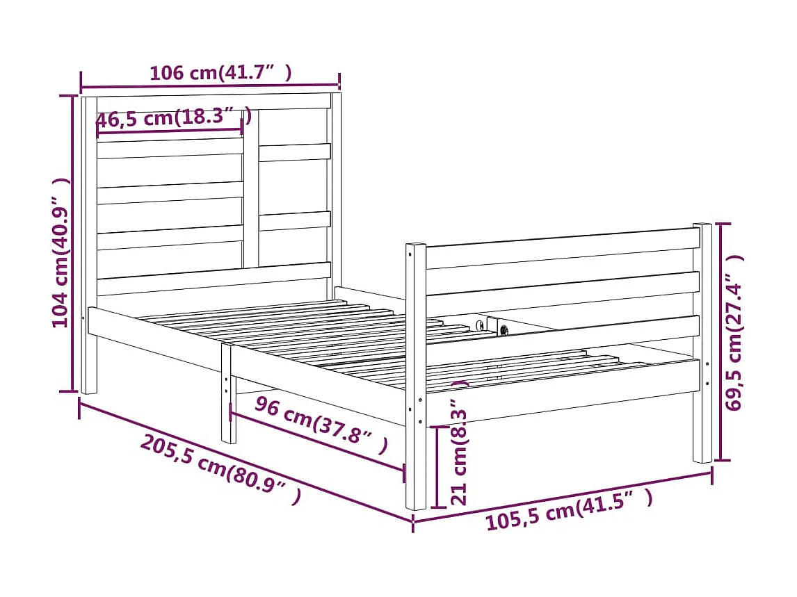 Lit simple | Lit adulte, enfant | Cadre de lit bois massif 100x200 cm