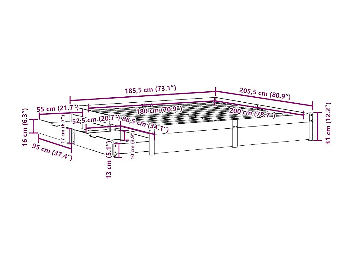 Lit double | Lit adulte | Cadre de lit blanc 180x200 cm bois massif de pin