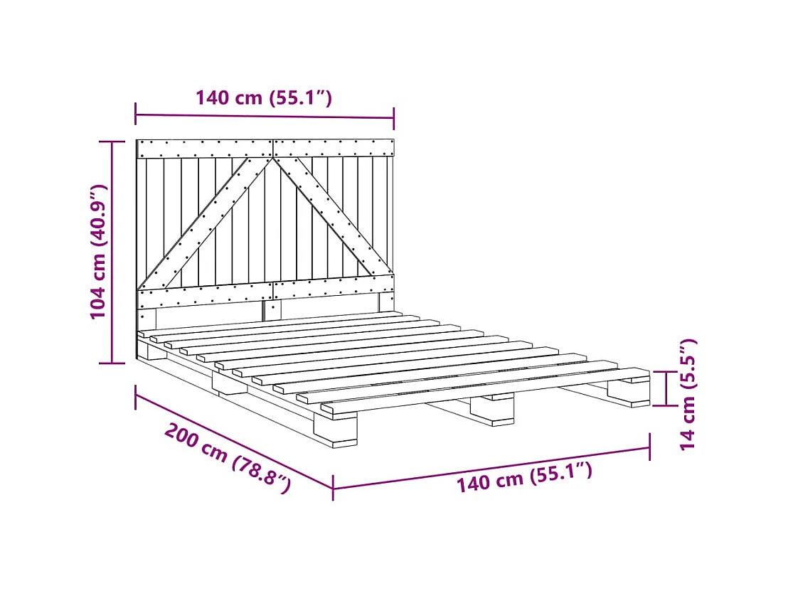 Lit double | Lit adulte | Cadre de lit gris 140x200 cm bois massif de pin