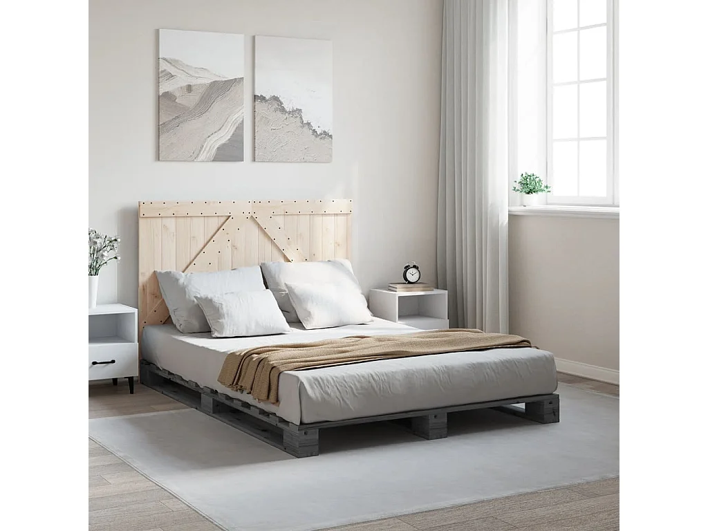 Lit double | Lit adulte | Cadre de lit gris 140x200 cm bois massif de pin