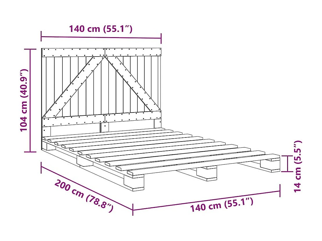 Lit double | Lit adulte | Cadre de lit gris 140x200 cm bois massif de pin