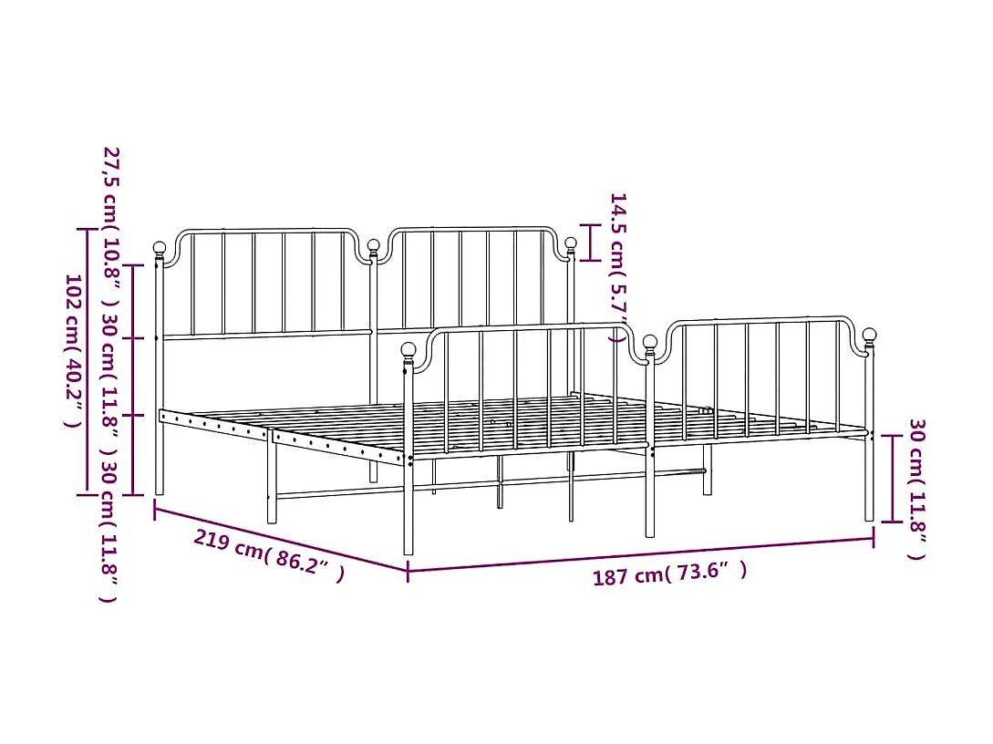 Lit double | Lit adulte | Cadre de lit métal et pied de lit blanc 183x213 cm