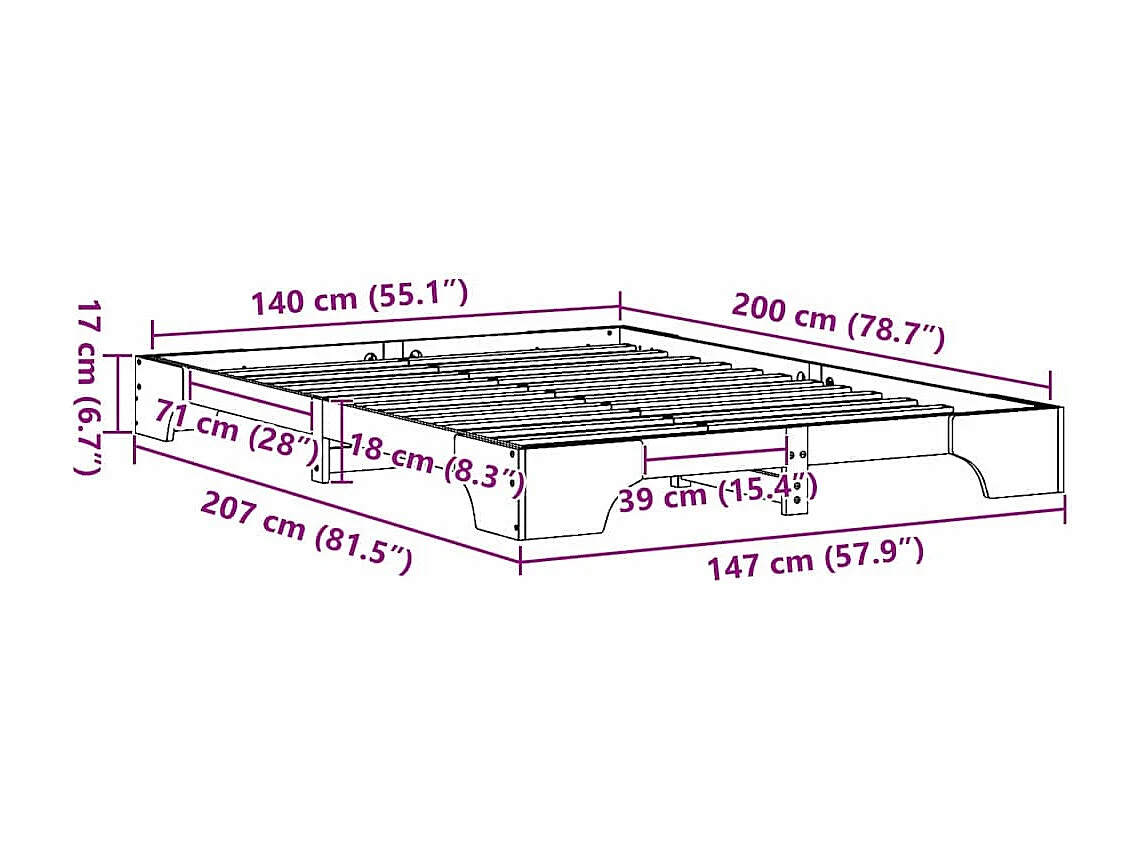 Lit double | Lit adulte | Cadre de lit en pin massif marron ciré 140x200 cm