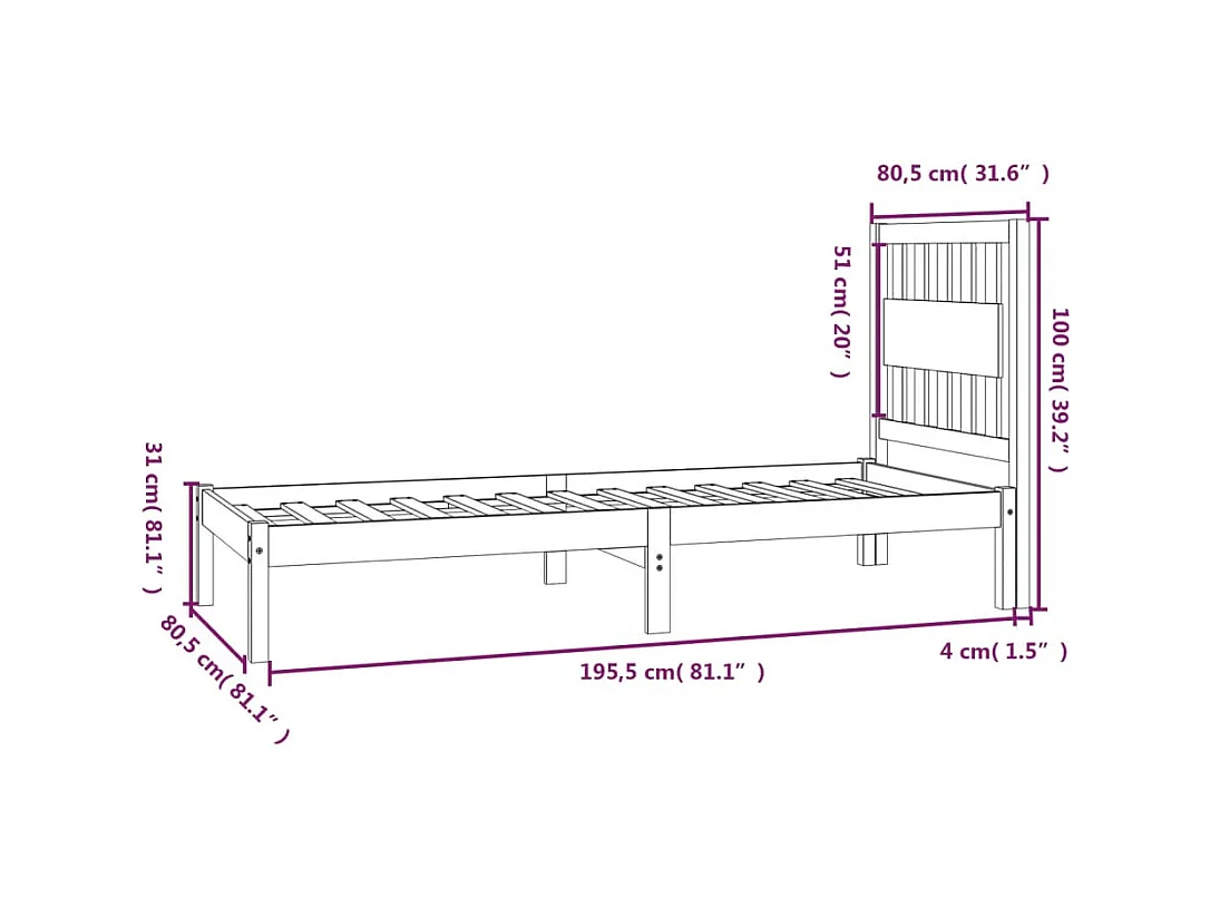 Lit simple | Lit adulte, enfant | Cadre de lit blanc bois massif 75x190 cm