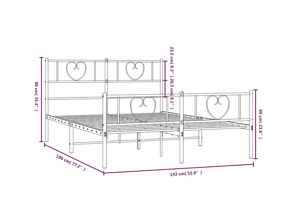 Lit double | Lit adulte | Cadre de lit métal avec pied de lit noir 135x190cm