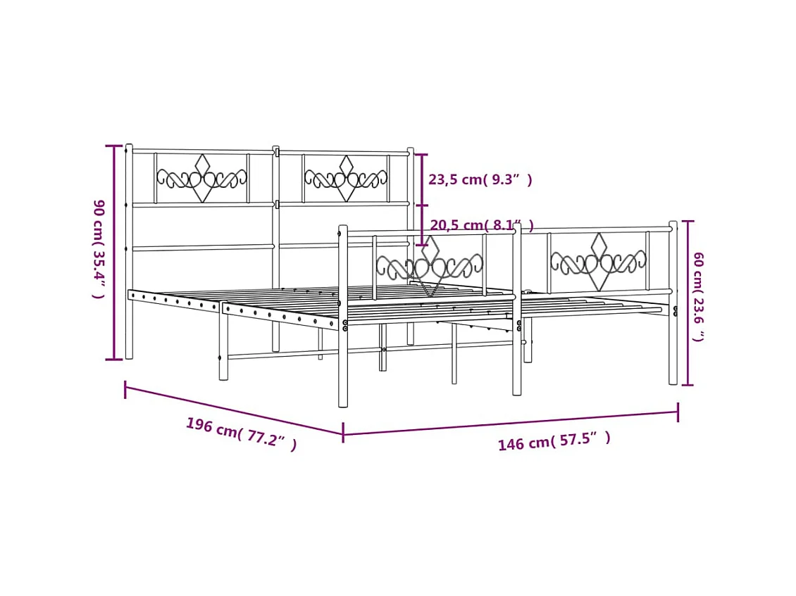 Lit double | Lit adulte | Cadre de lit métal et pied de lit blanc 140x190 cm