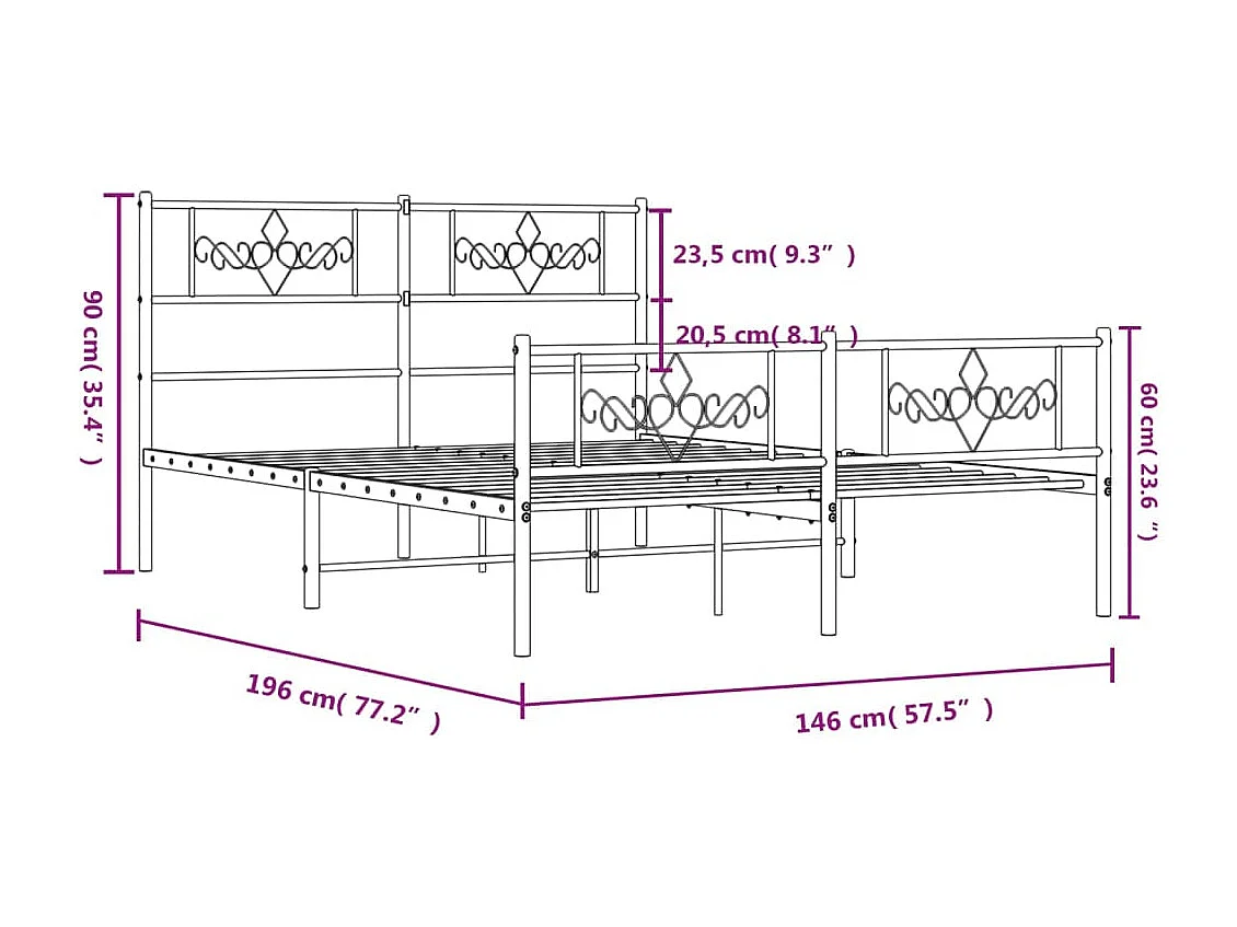 Lit double | Lit adulte | Cadre de lit métal et pied de lit blanc 140x190 cm
