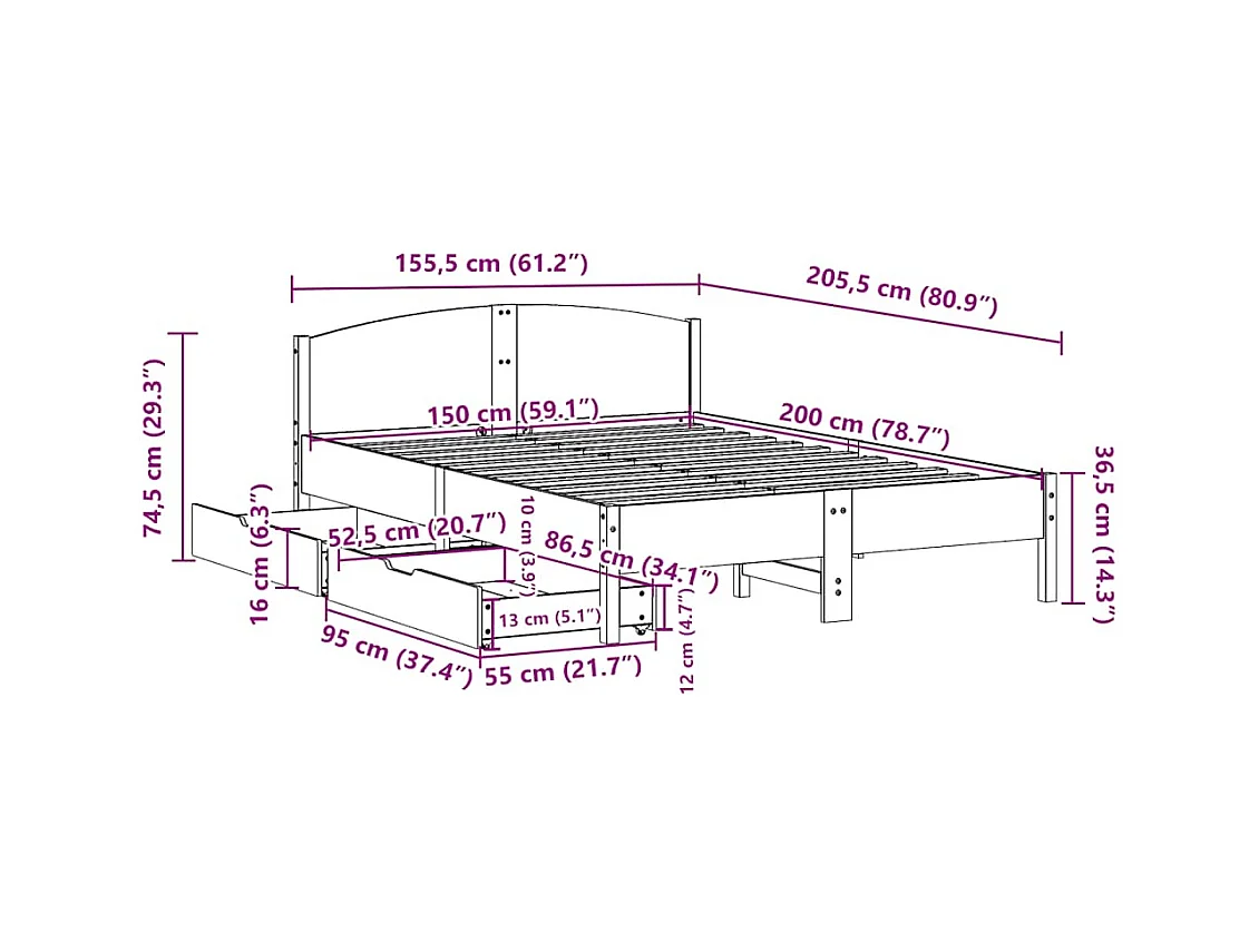 Lit double | Lit adulte | Cadre de lit blanc 150x200 cm bois de pin massif