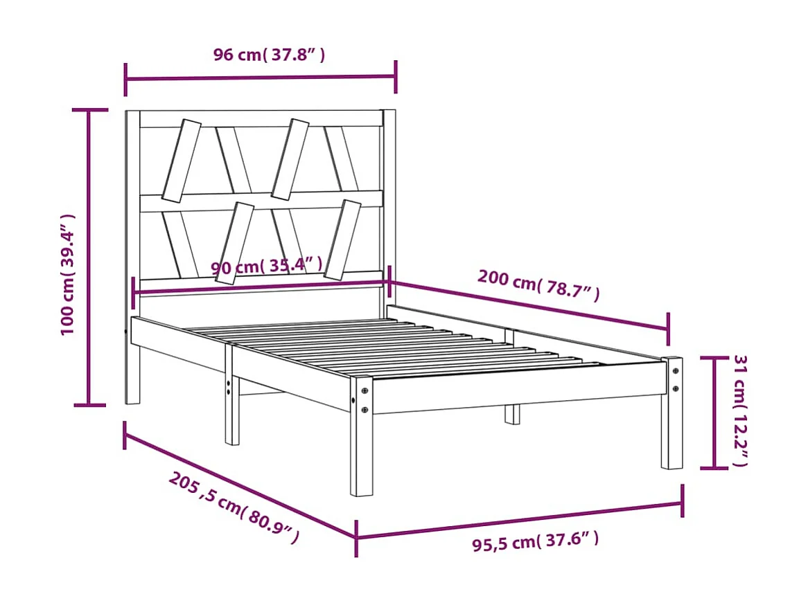Lit simple | Lit adulte, enfant | Cadre de lit bois massif 90x200 cm