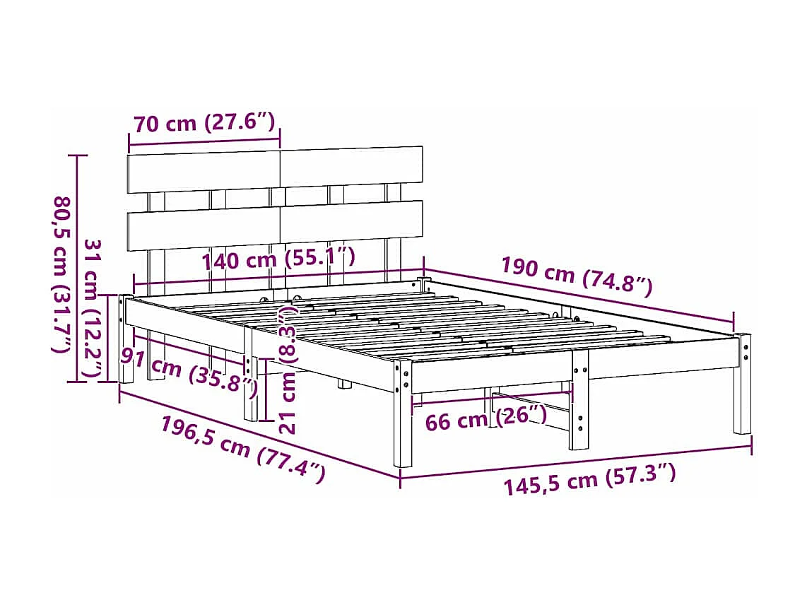 Lit double | Lit adulte | Cadre de lit Marron 140x190 cm Bois de pin massif