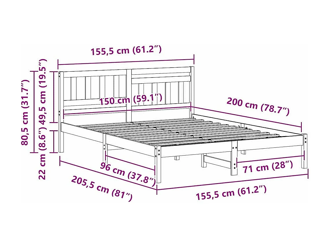 Lit double | Lit adulte | Cadre de lit Marron cire 150x200 cm Bois massif en pin