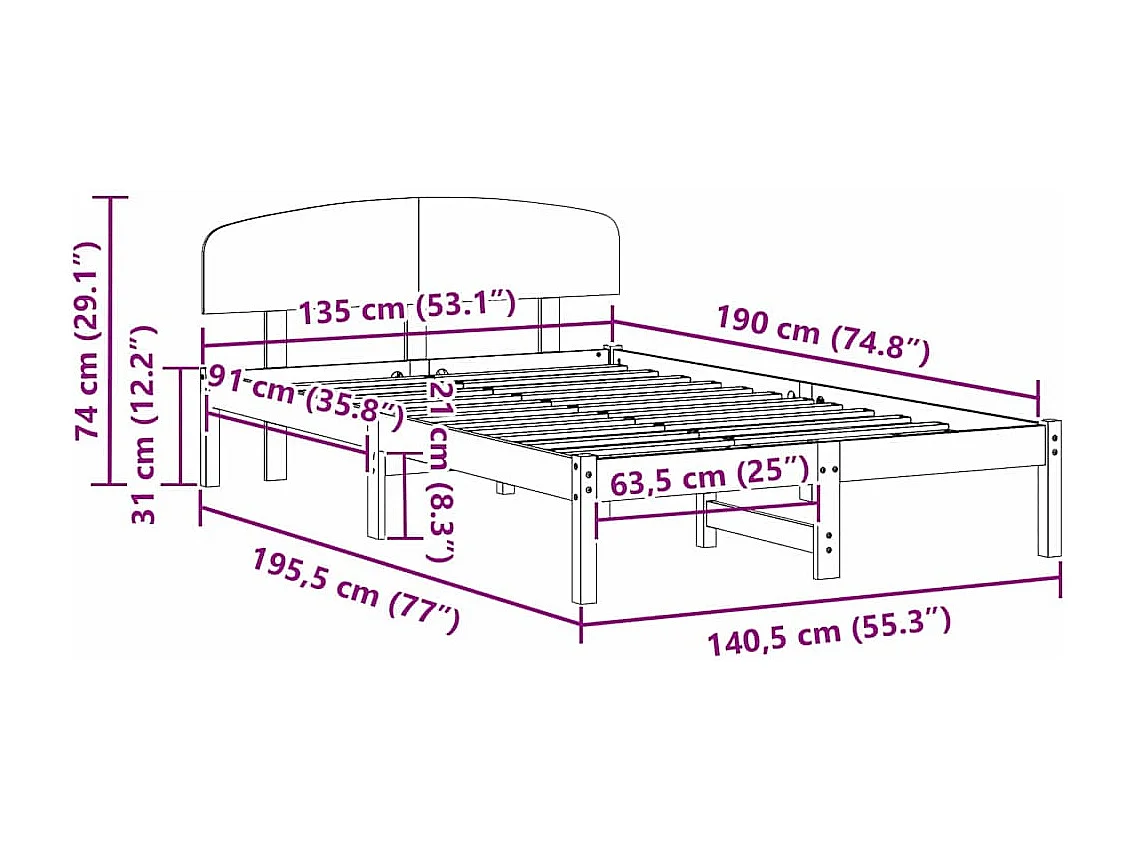 Lit double | Lit adulte | Cadre de lit Blanc 135x190 cm Bois de pin massif