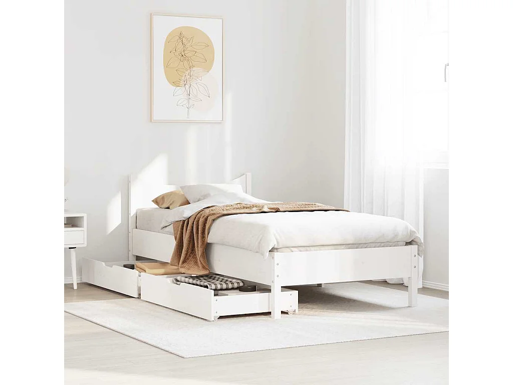Lit simple | Lit adulte, enfant | Cadre de lit avec tiroirs blanc 75x190 cm bois de pin massif