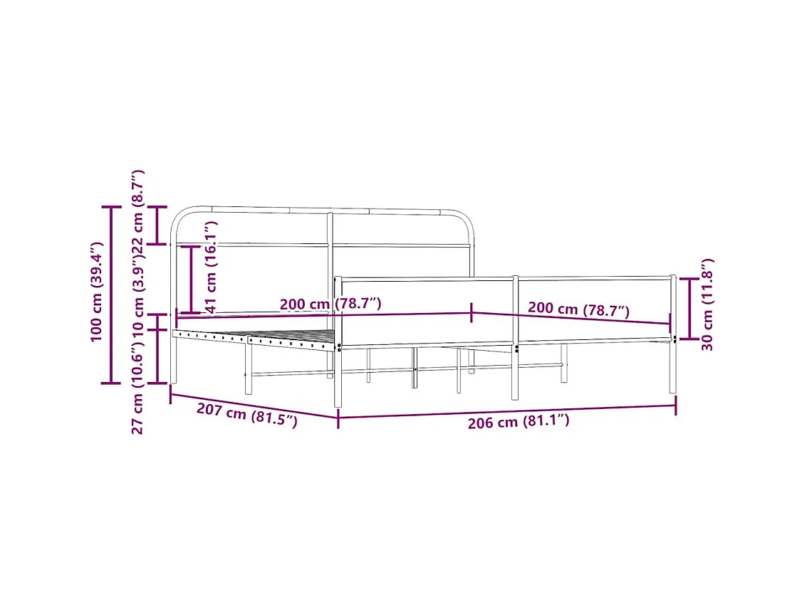 Lit double | Lit adulte | Cadre de lit en métal chêne fumé 200x200 cm