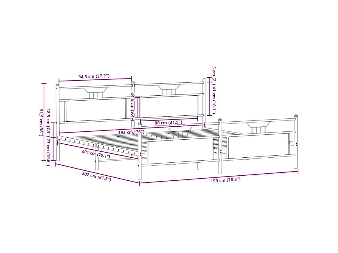 Letto per adulti | Letto matrimoniale | Giroletto senza Materaso in Metallo Rovere Sonoma 193x201 cm