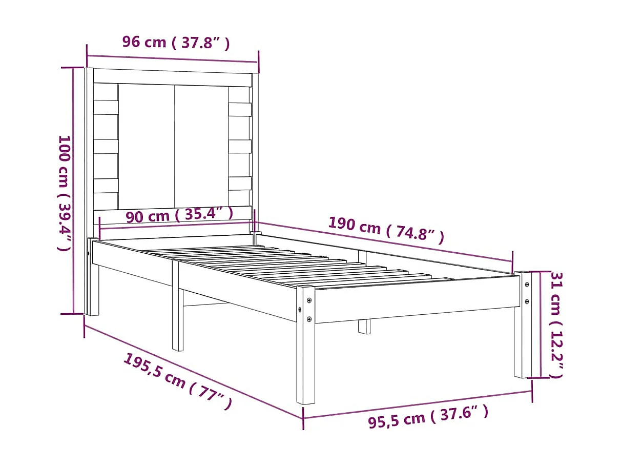 Lit simple | Lit adulte, enfant | Cadre de lit 90x190 cm bois massif