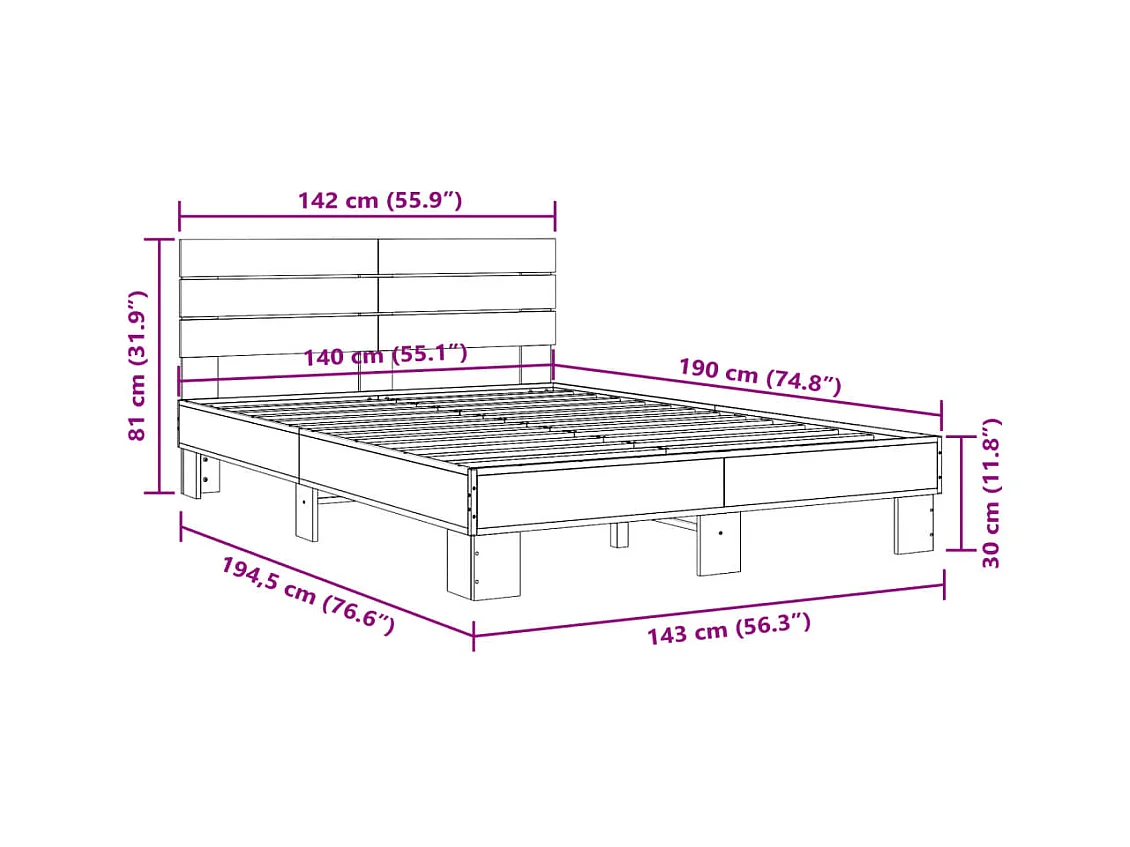 Lit double | Lit adulte | Cadre de lit chêne fumé 140x190 cm