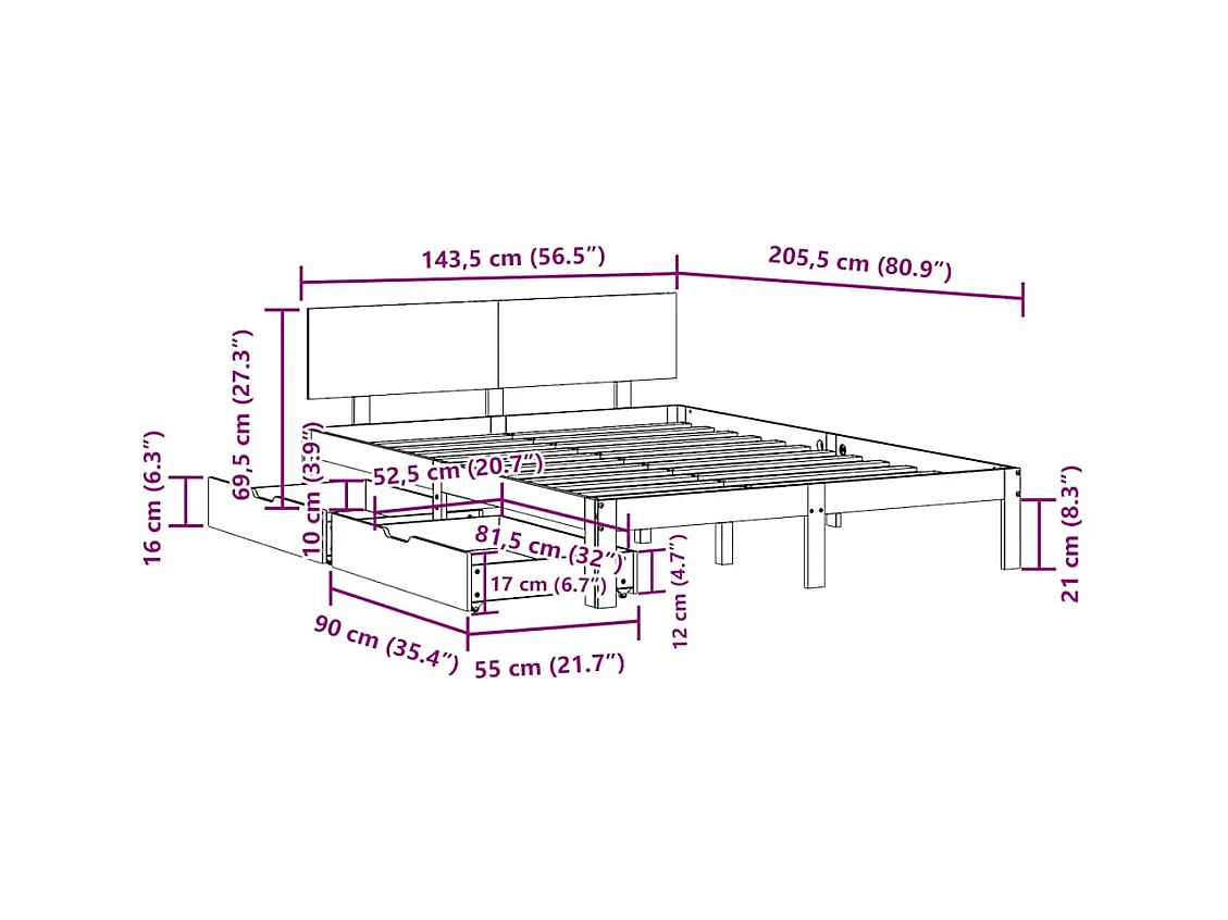 Letto per adulti | Letto matrimoniale | Giroletto con Cassetti Bianco 140x200 cm Legno Massello di Pino