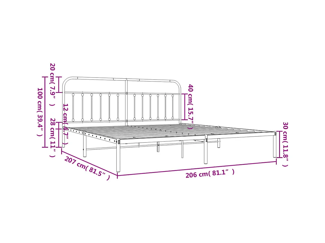 Lit double | Lit adulte | Cadre de lit métal avec tête de lit noir 200x200cm