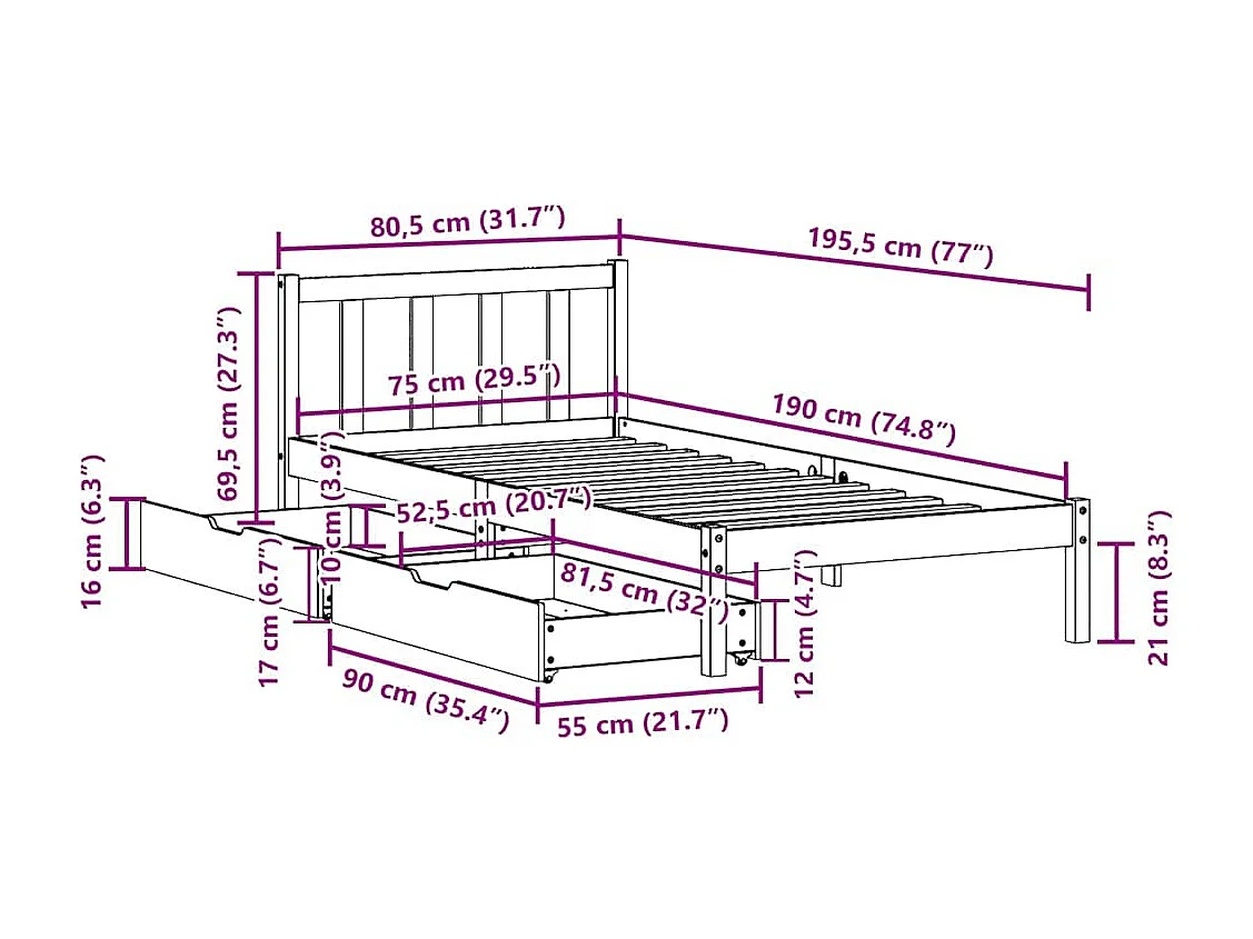 Lit simple | Lit adulte, enfant | Cadre de lit 75x190 cm bois de pin massif