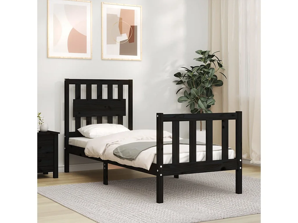 Lit simple | Lit adulte, enfant | Cadre de lit noir bois de pin massif 75x190 cm