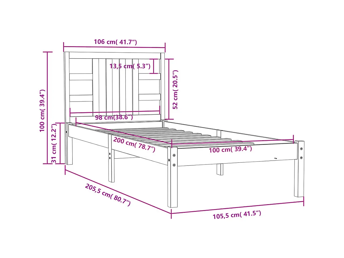 Lit simple | Lit adulte, enfant | Cadre de lit blanc 100x200 cm bois massif